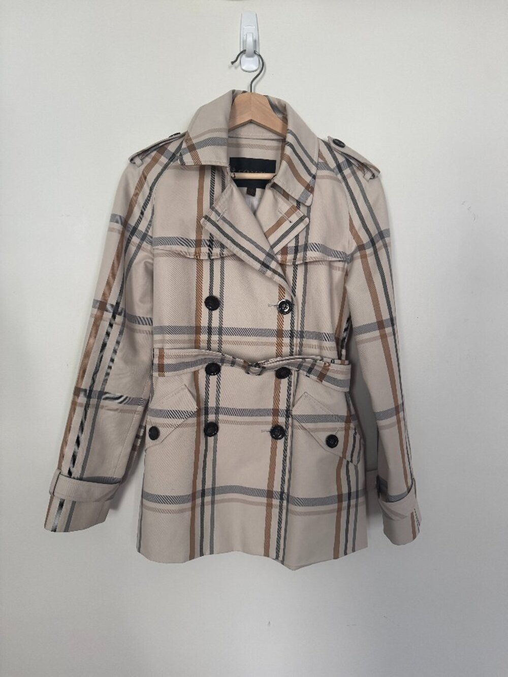 Coach New York tattersall beige plaid trench coat work business light academia